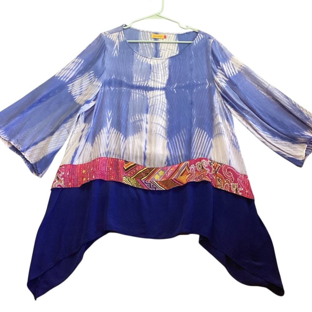 BENARES‎ Viscose Silky Tunic Top Tiered Sharkbite Hem Size XL Blue Flowy
